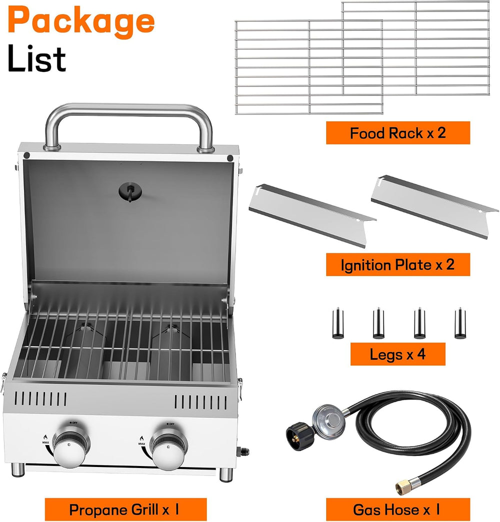 Veralune 2-Burner Tabletop Gas Grill, 22,000 BTU Stainless Steel Grill