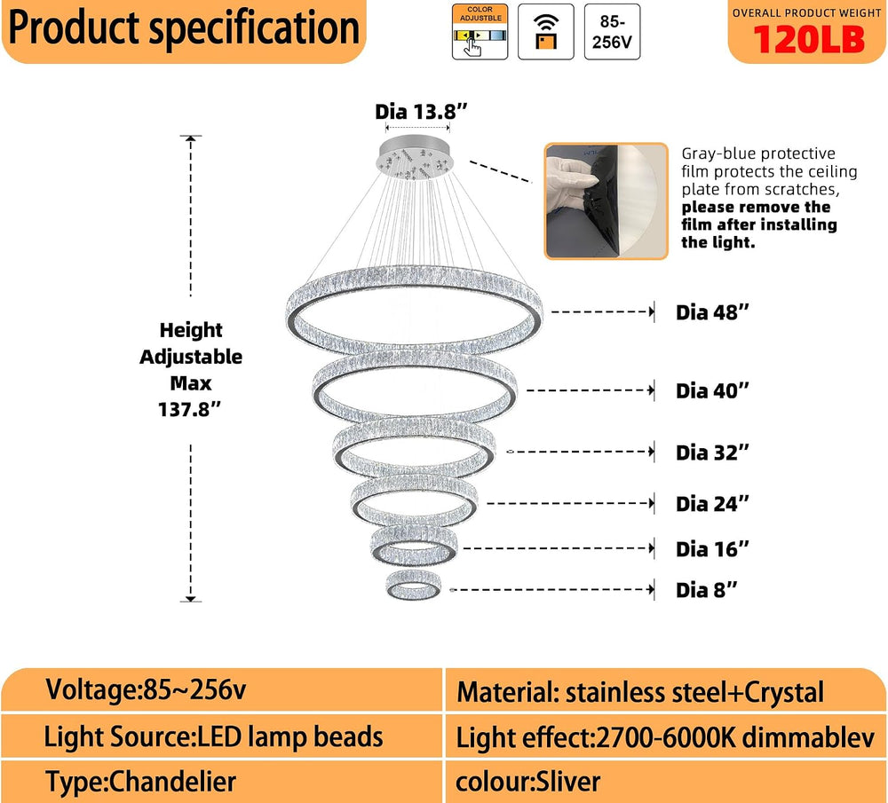 Extra Large 6 Ring Crystal Chandelier Modern LED Long Crystal Chandelier for ...
