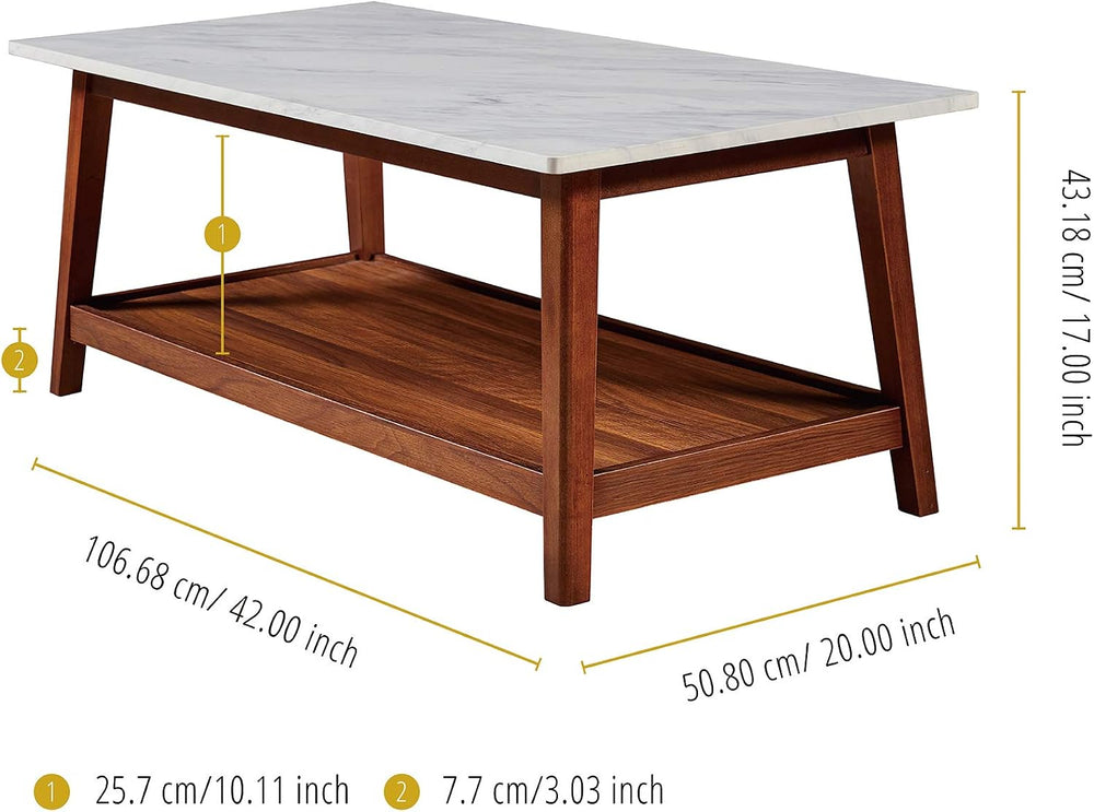 Teamson Home Kingston Wooden Coffee Table with Storage and Marble-Look Top fo...