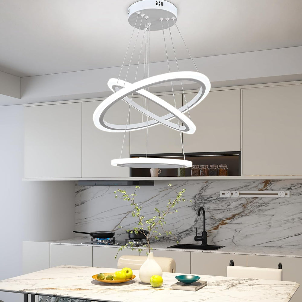 O'NEELDY Modern LED Chandeliers White Pendant Light Fixture 3 Ring Flush ...