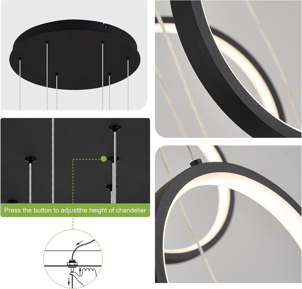 Benkut Modern LED Chandelier 6 Ring Black LED Pendant Light Adjustable Height...