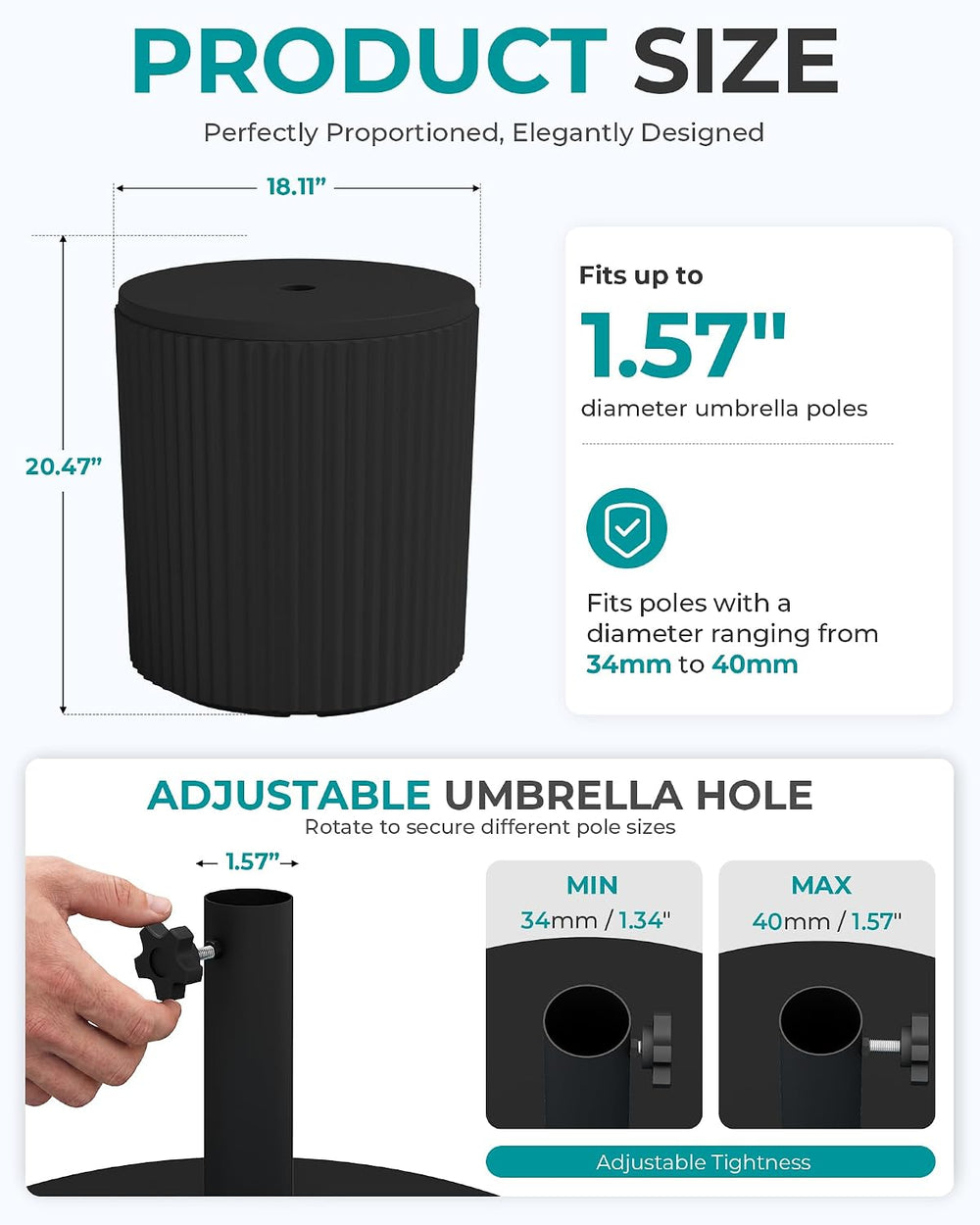 SERWALL Outdoor Round Umbrella Side Table,3-in-1 Multi-Functional Use,Black