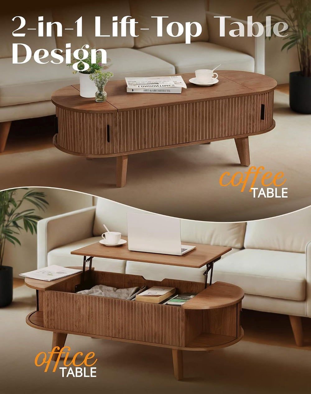 Oval Lift Top Coffee Table with Storage, 47.2" Mid Century Modern Living...