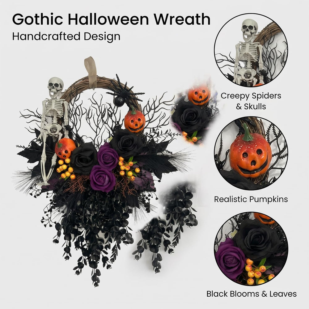 Halloween Wreath for Front Door 16" Dark Gothic Skull Spooky Decor