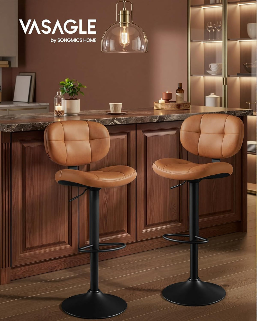 VASAGLE Bar Stools Set of 2, Height Adjustable Swivel Chairs, PU Leather