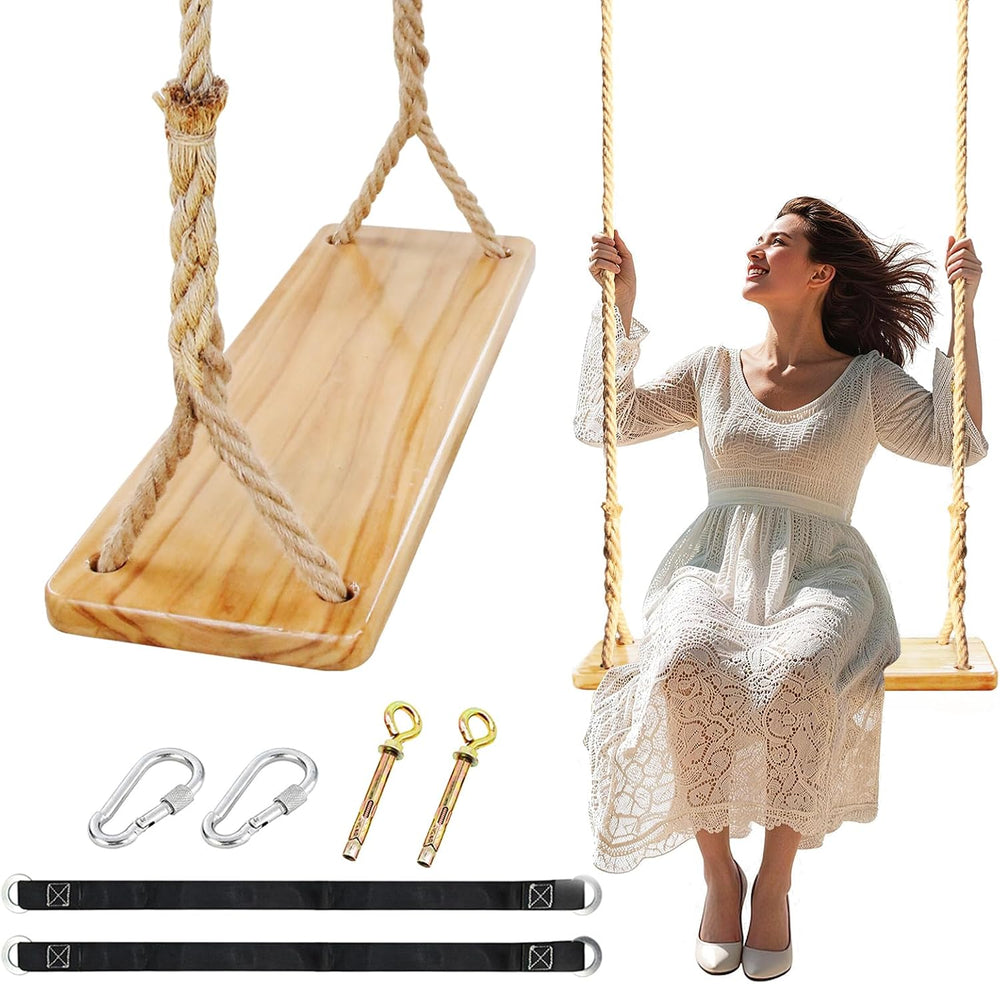 Hanging Wooden Tree Swing with Adjustable Hemp Rope & Extendor Tree Straps