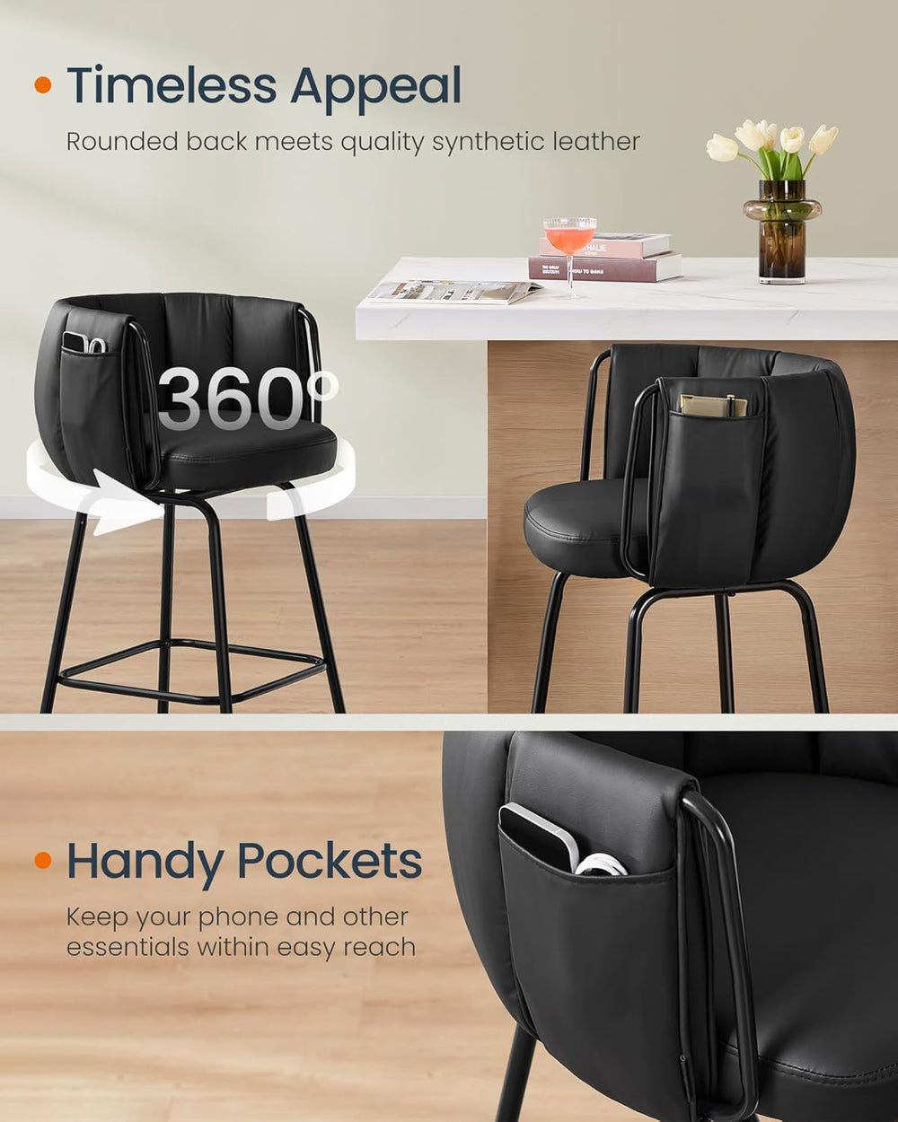 SONGMICS Home Bar Stools Set of 4, 360° Swivel,Bar Height