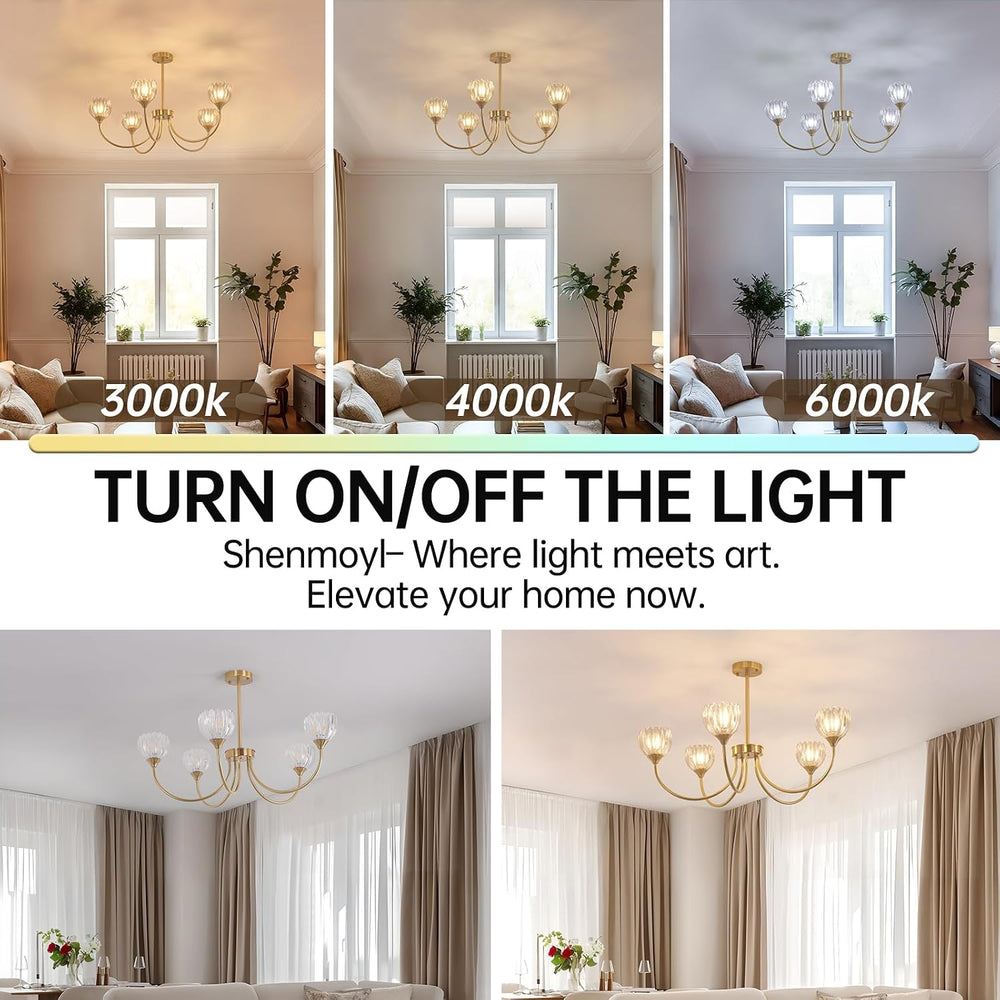 Shenmoyl 30.31" Brass Gold 5-Light Chandelier, 5-Arm Clear Tulip Glass P...