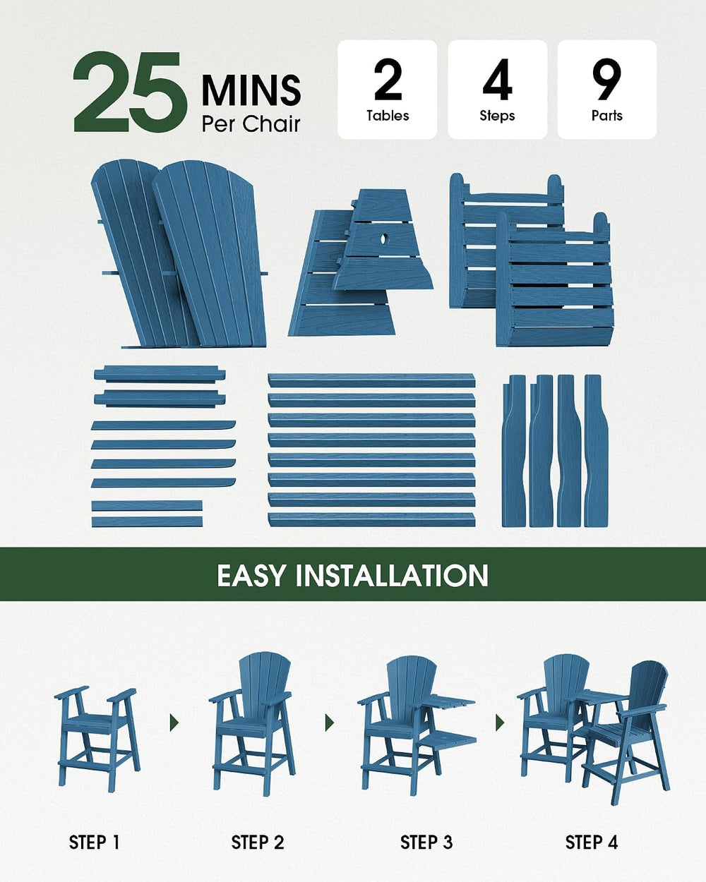 Tall Adirondack Chairs Set of 2 with Table Trays, Navy Blue