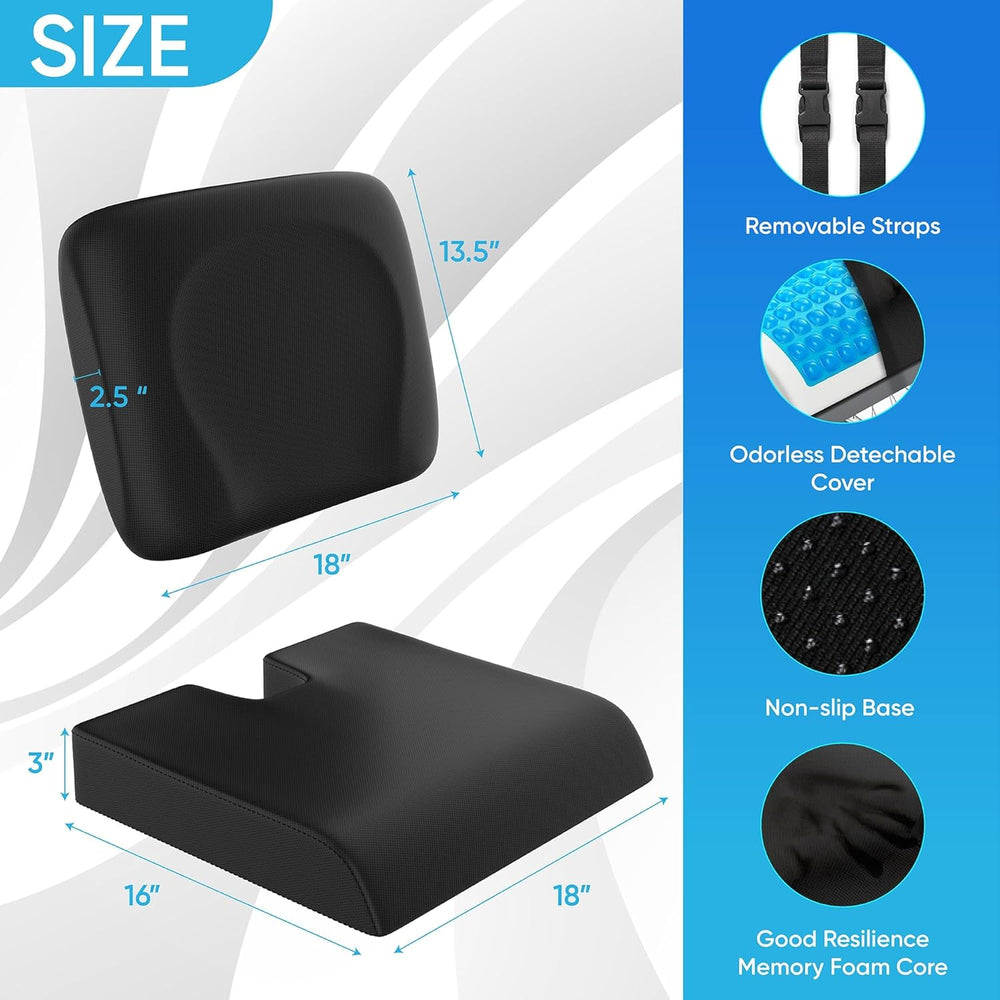 Wheelchair Cushion for Pressure Relief - (2-Piece Set) 18”x16” Anti-Slip Whee...