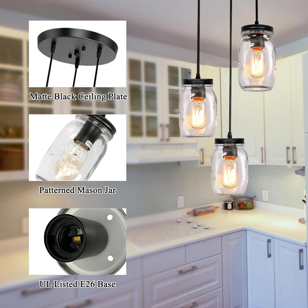 3-Light Pendant Lighting: Glass Mason Jar Light Fixtures