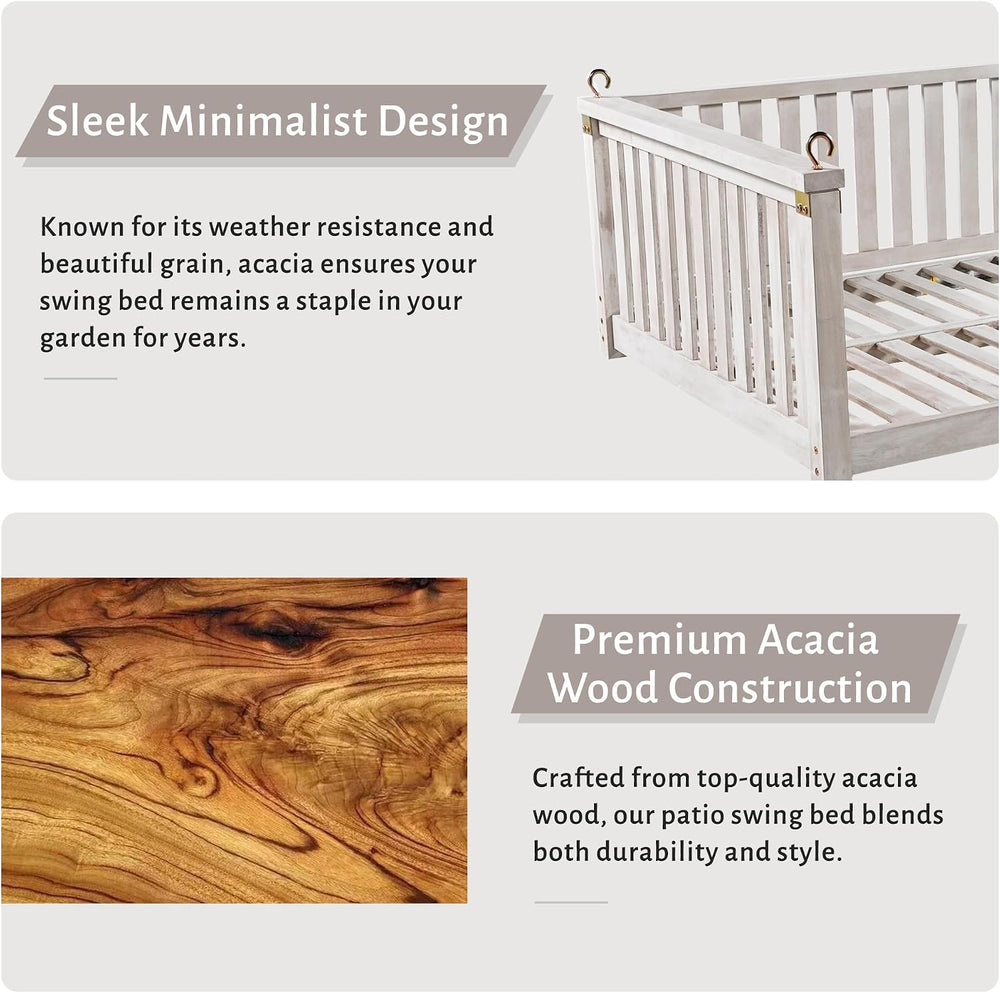LUMISOL Outdoor Porch Swing Bed, Twin Size Acacia Wood Swing Bed Frame with R...