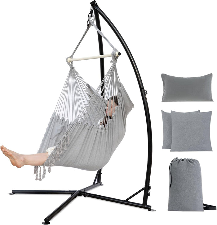 PNAEUT Hammock Chair with Stand Indoor Outdoor, Hanging Chair, Egg Swing Chair with Patented Adjustable Pillow, 2 Cushions, Bag, for Bedroom Balcony Patio, 350lbs Capacity (Light Gray)