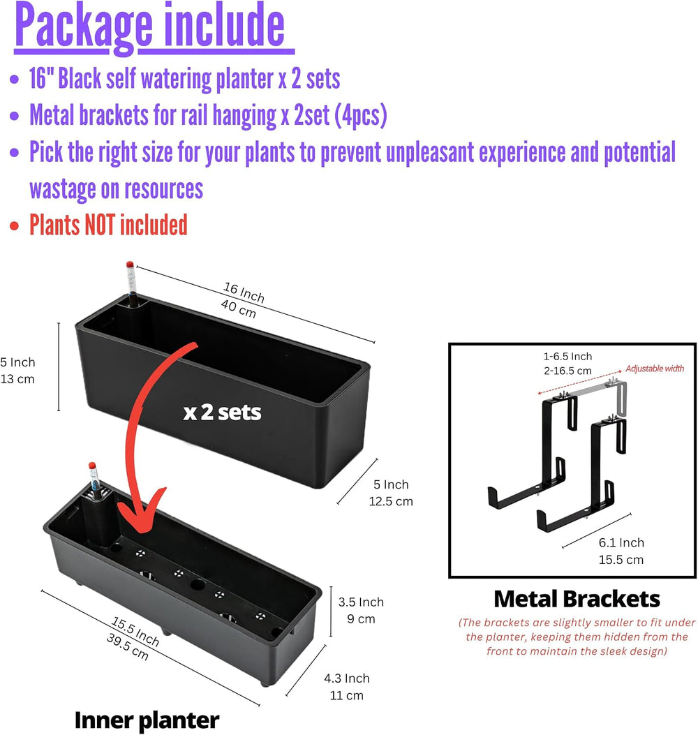 LaLaGreen Railing Planter Boxes (16 Inch, 2 Pack) Black Rectangular Plastic W...