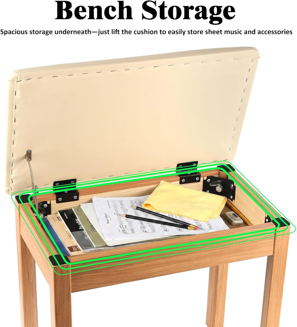 Piano Bench with Storage, Solid Wood Piano Stool Construction & High-Dens...