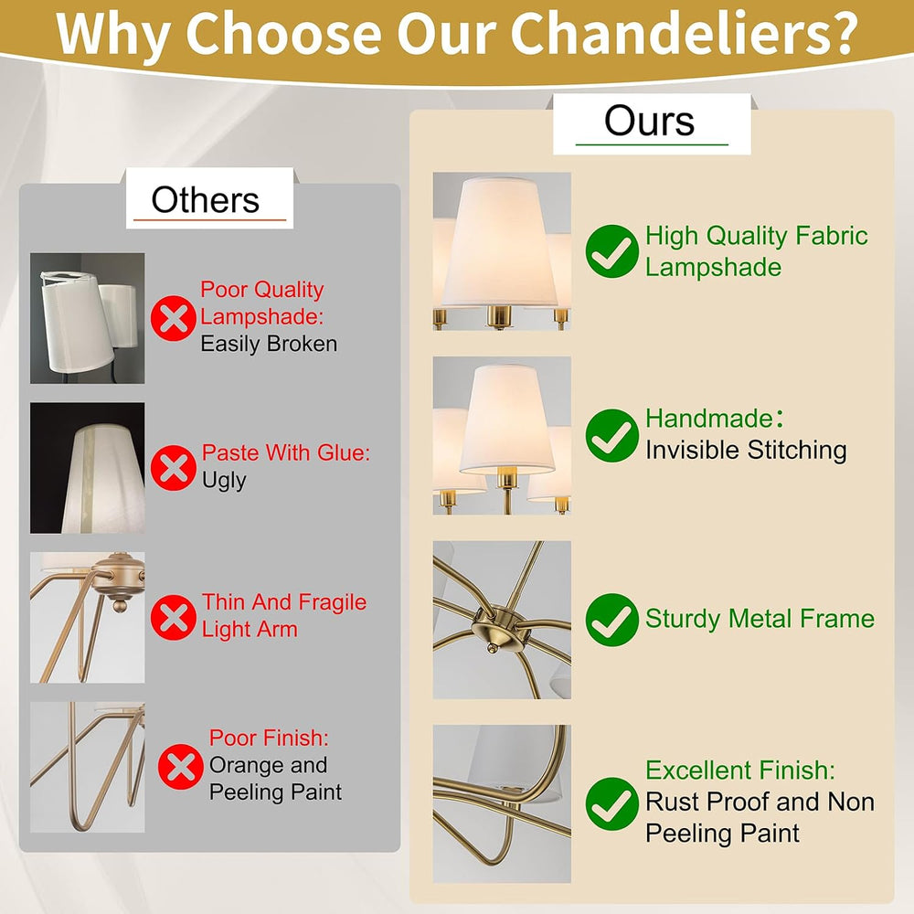 Brass Gold Chandeliers for Dining Room 6 Light Chandelier with Fabric Shade