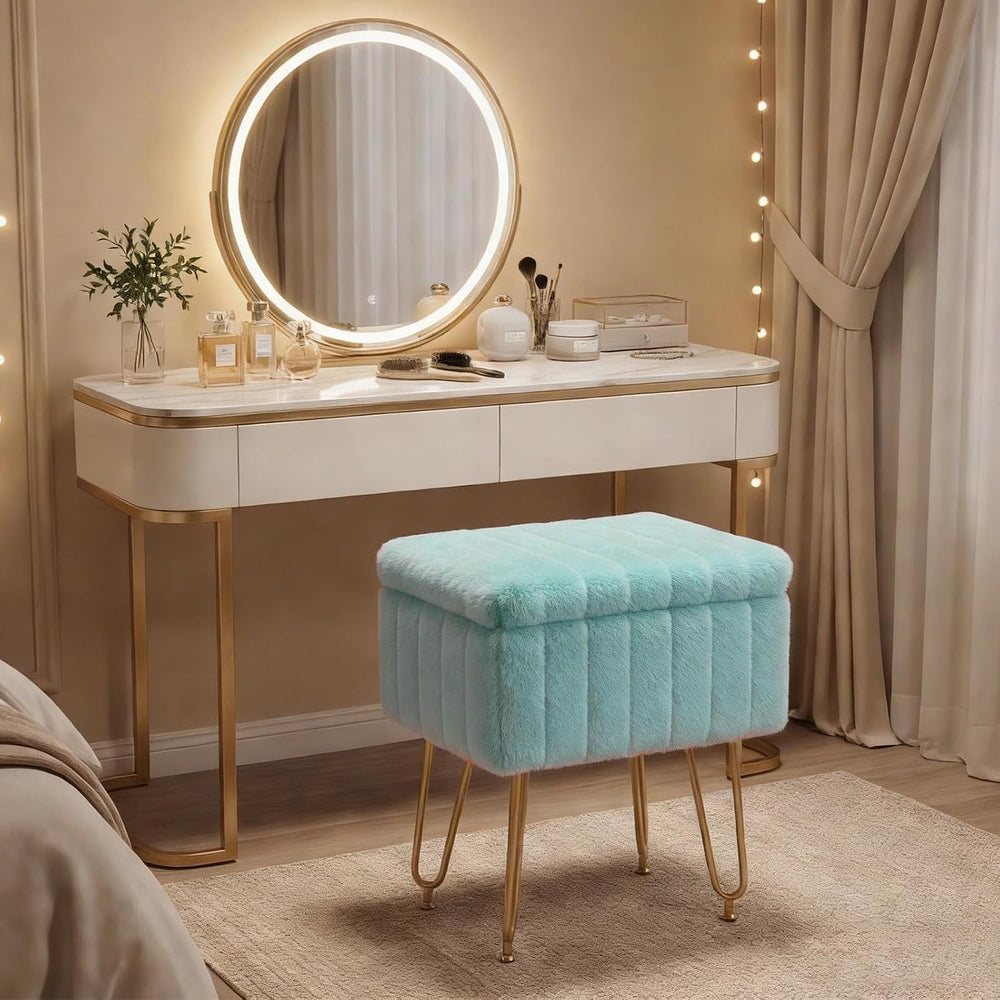 DUMOS Vanity Stool Chair with Storage, Small Ottoman Faux Fur Soft Padded Foo...