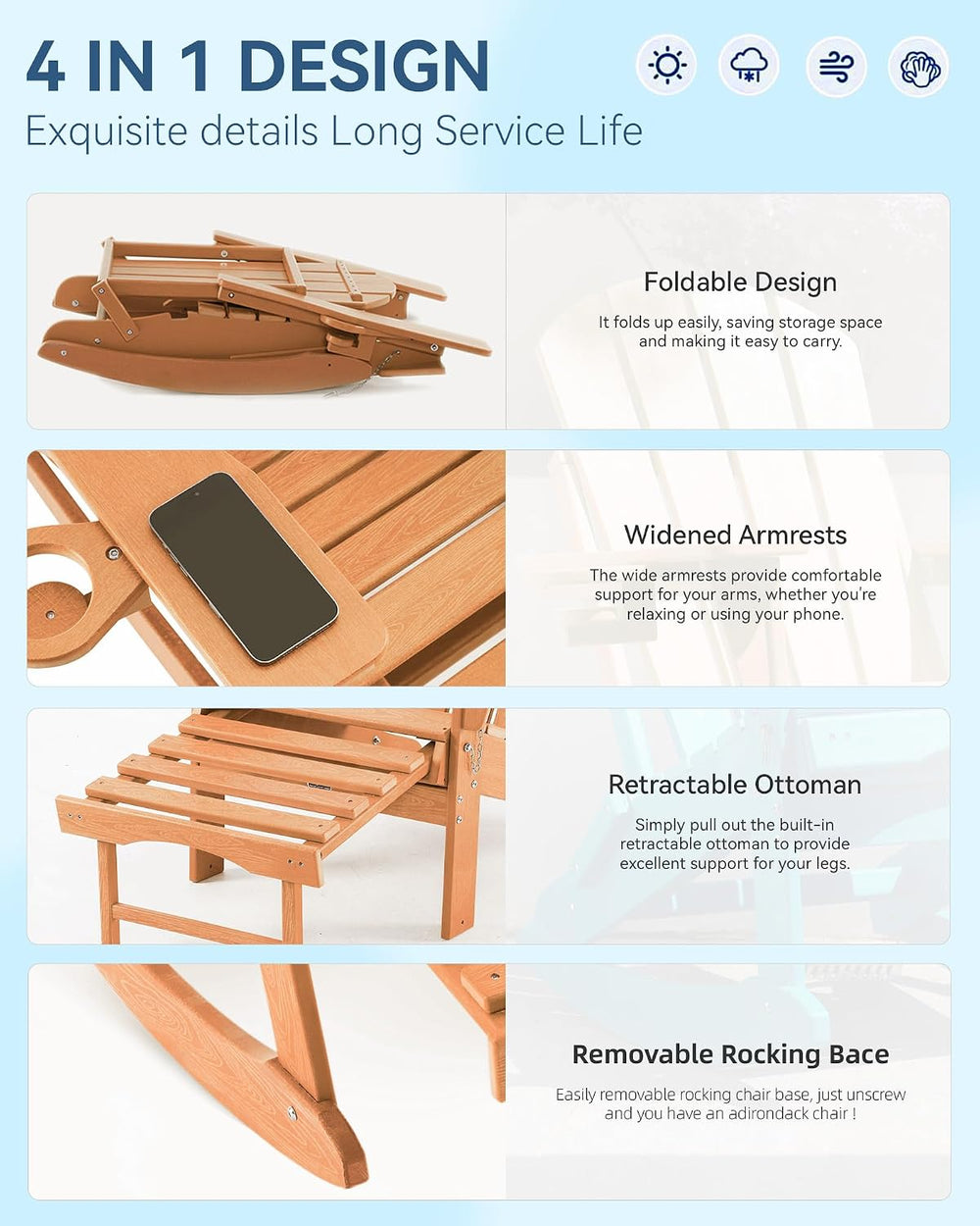 Adjustable Adirondack Rocking Chair with Retractable Ottoman, 4-in-1 Multifun...