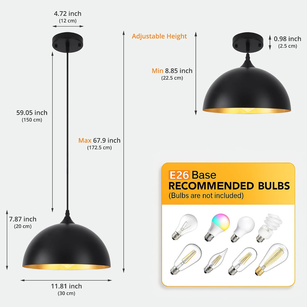 3 Pack Black Pendant Lights Kitchen Island, 11.8'' Modern Dome Pendan...