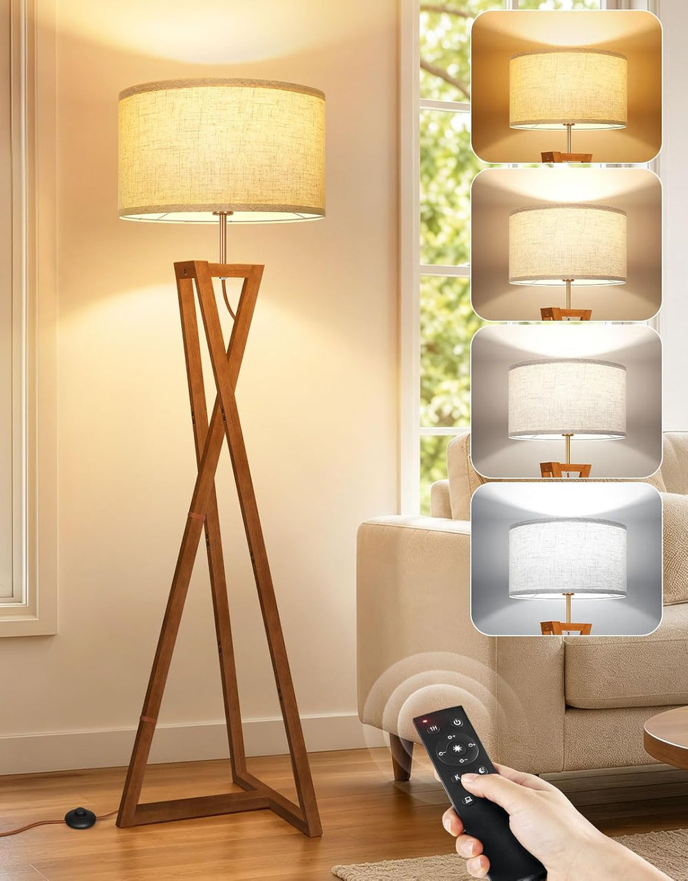OUTON 62" Wood Tripod Floor Lamp, Dimmable Mid Century Modern Vintage La...