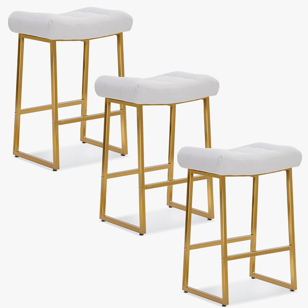 RNKSFX White & Gold Counter Height Bar Stools Set of 3 for Kitchen Counte...