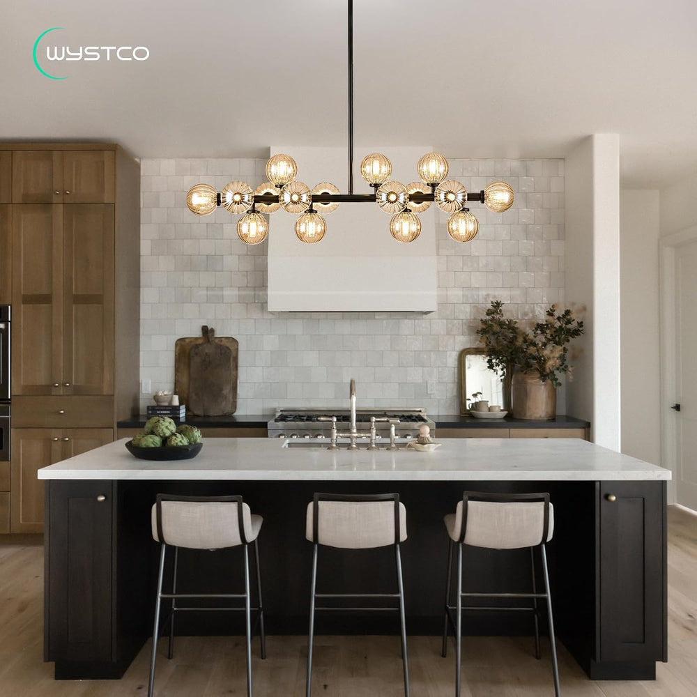 16-Light Glass Globe Sputnik Chandelier, Linear Dining Room Light Fixture Ove...