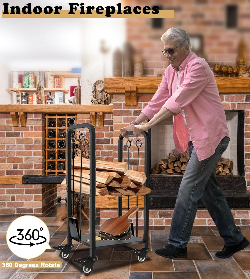 2-Tier Fireplace Firewood Rack Holder for Indoor Outdoor, Small Fire Wood Hol...