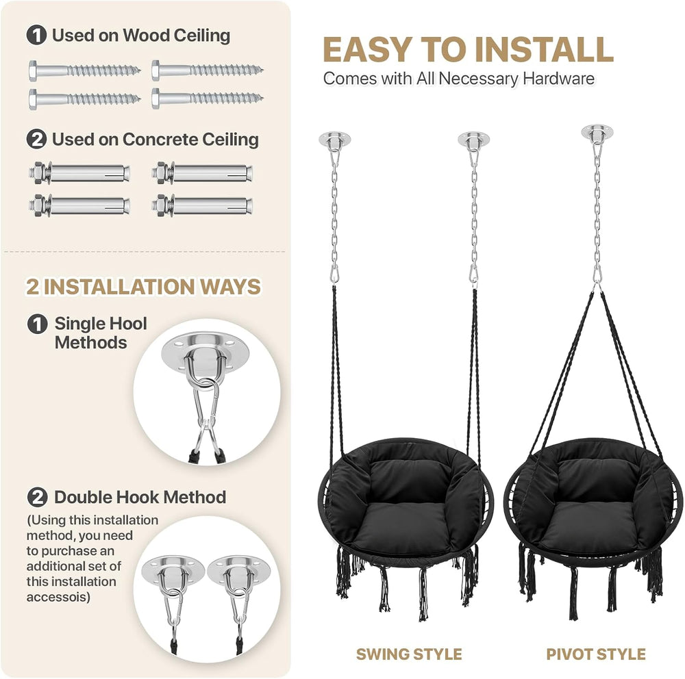 Monibloom Hanging Hammock Chair with Cushion, Macrame Swing Chair, Black