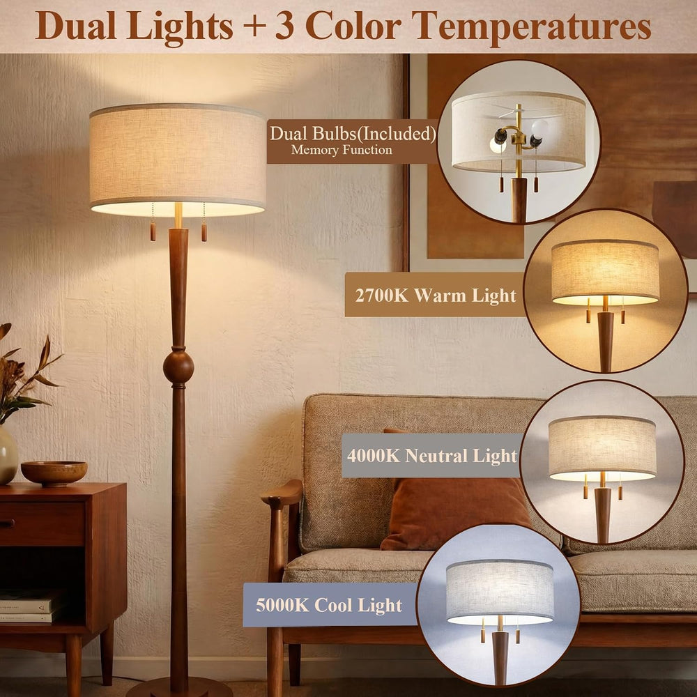 MOFFE Solid Wood Floor Lamp for Living Room with Wooden Pull Chains