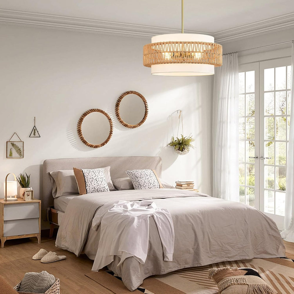 19.7" Rattan Chandelier for Dining Room, 4-Light Boho Pendant Hanging Light
