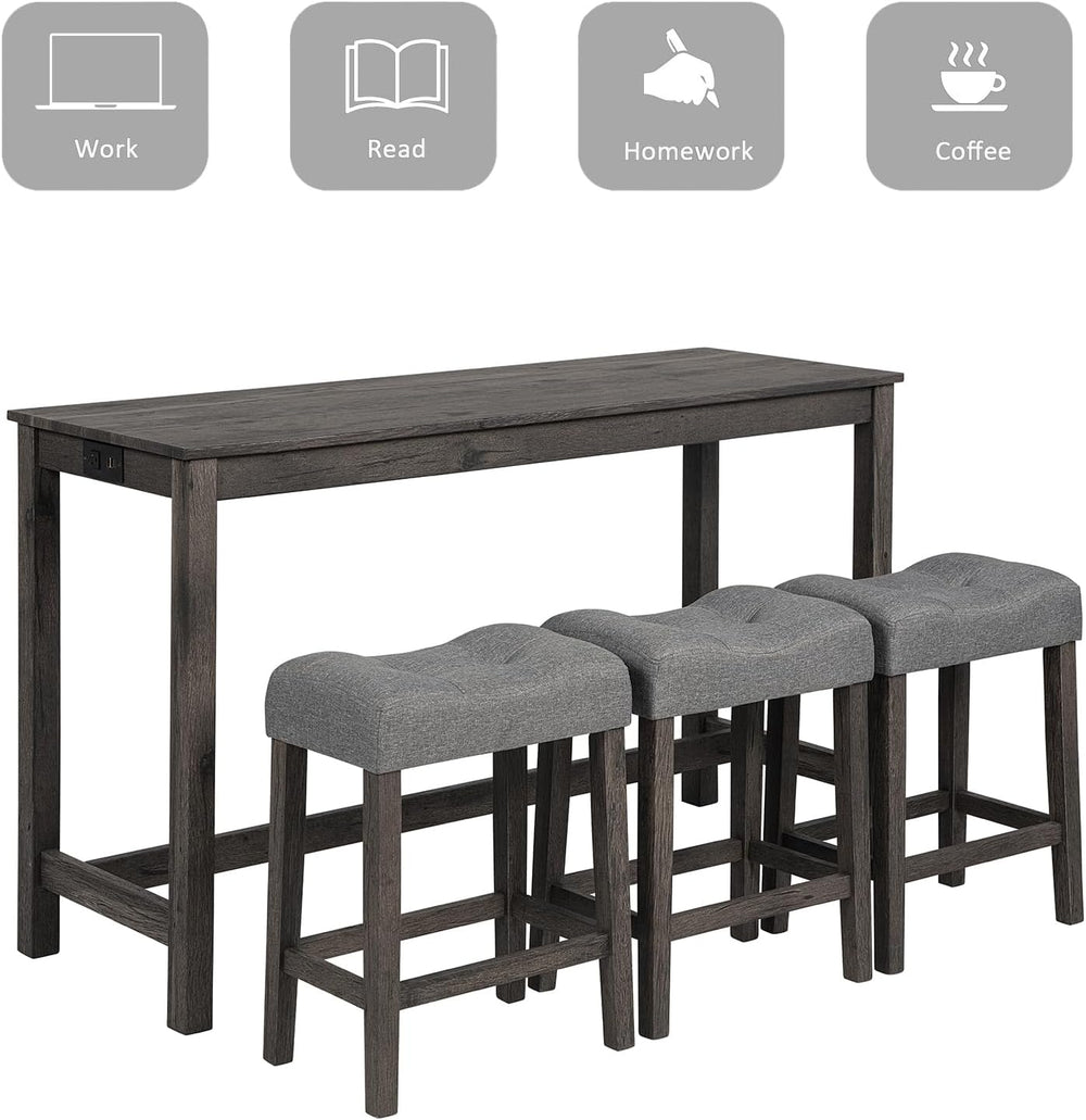 59" Counter Height Bar Table Set with Power Outlet, Industrial Breakfast...