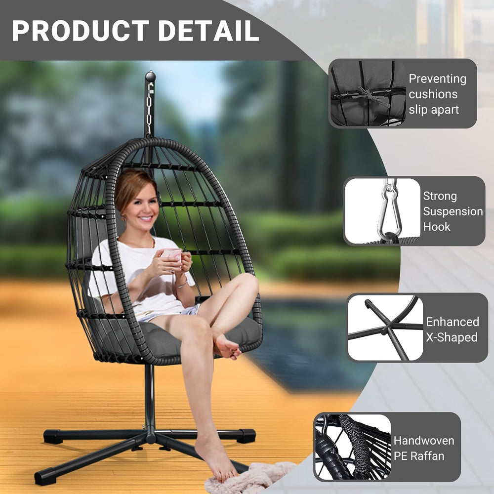 CHABATREE Egg Chair with Stand,Patio Rattan Wicker Hanging Swing Egg Chair Ha...