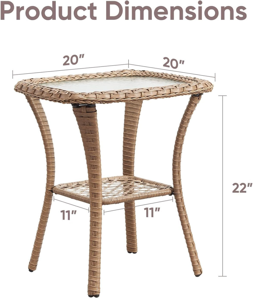 Patio Wicker Side Table, Outdoor PE Rattan End Table with 5mm Tempered Glass ...