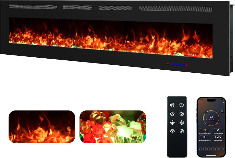 72" Ultra-Thin Electric Fireplace, Recessed/Wall, WiFi App, Black