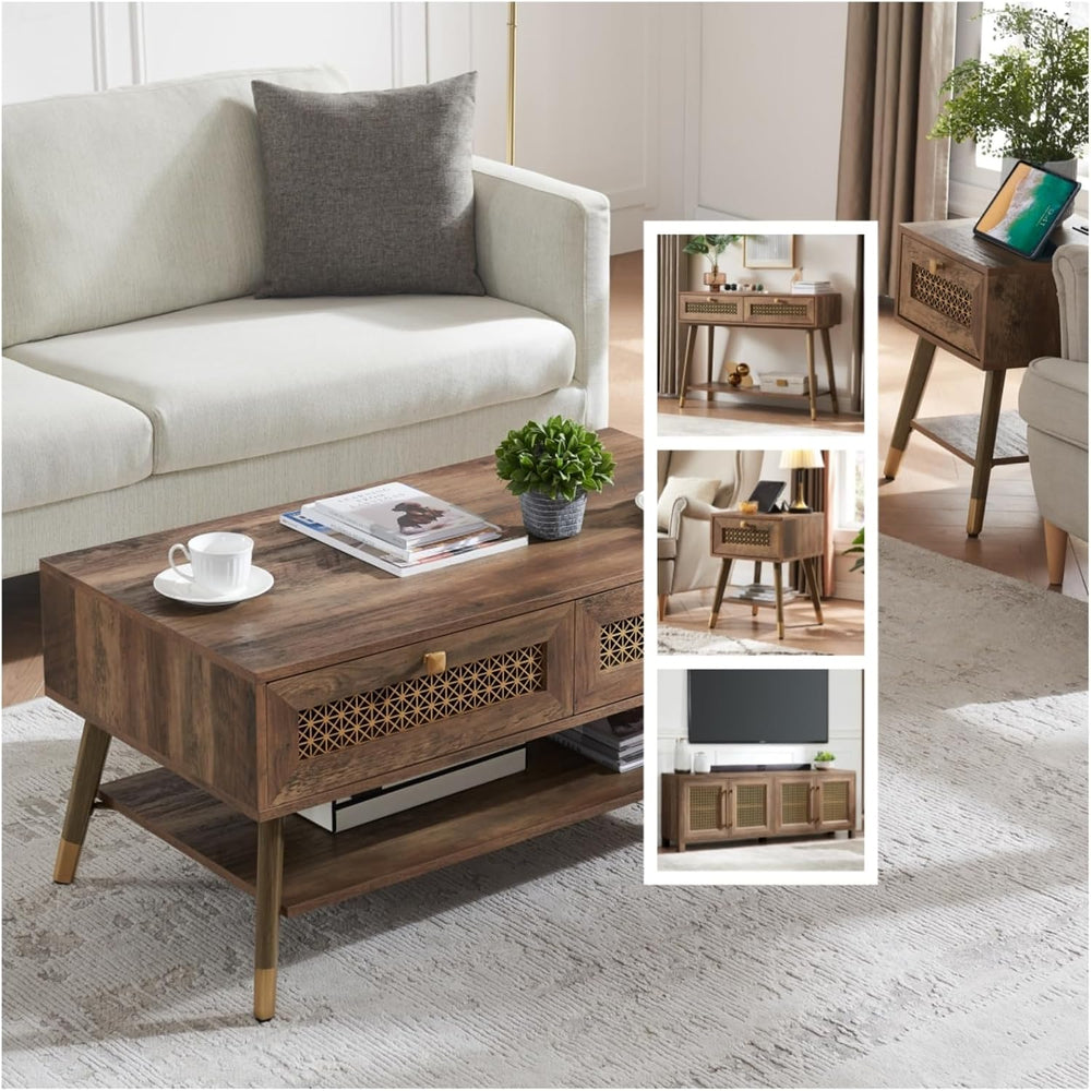 Wooden Mid Century Modern Coffee Table, Retangle Coffee Table with Two Drawer...