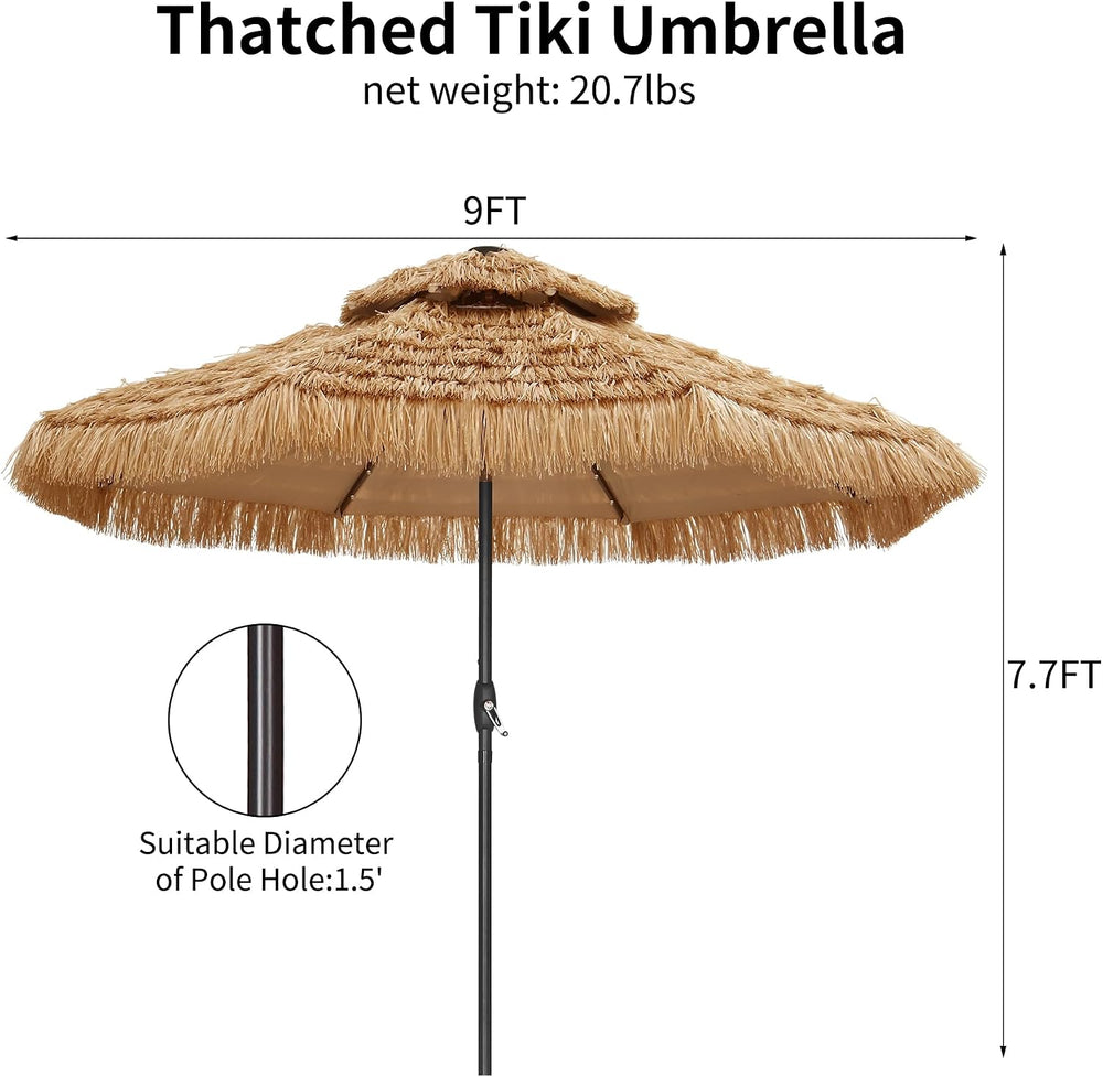 GDY 9 ft 2-Tier Solar Tiki Umbrella, 32 LED Ligths Hula Thatched Tiki Umbrell...