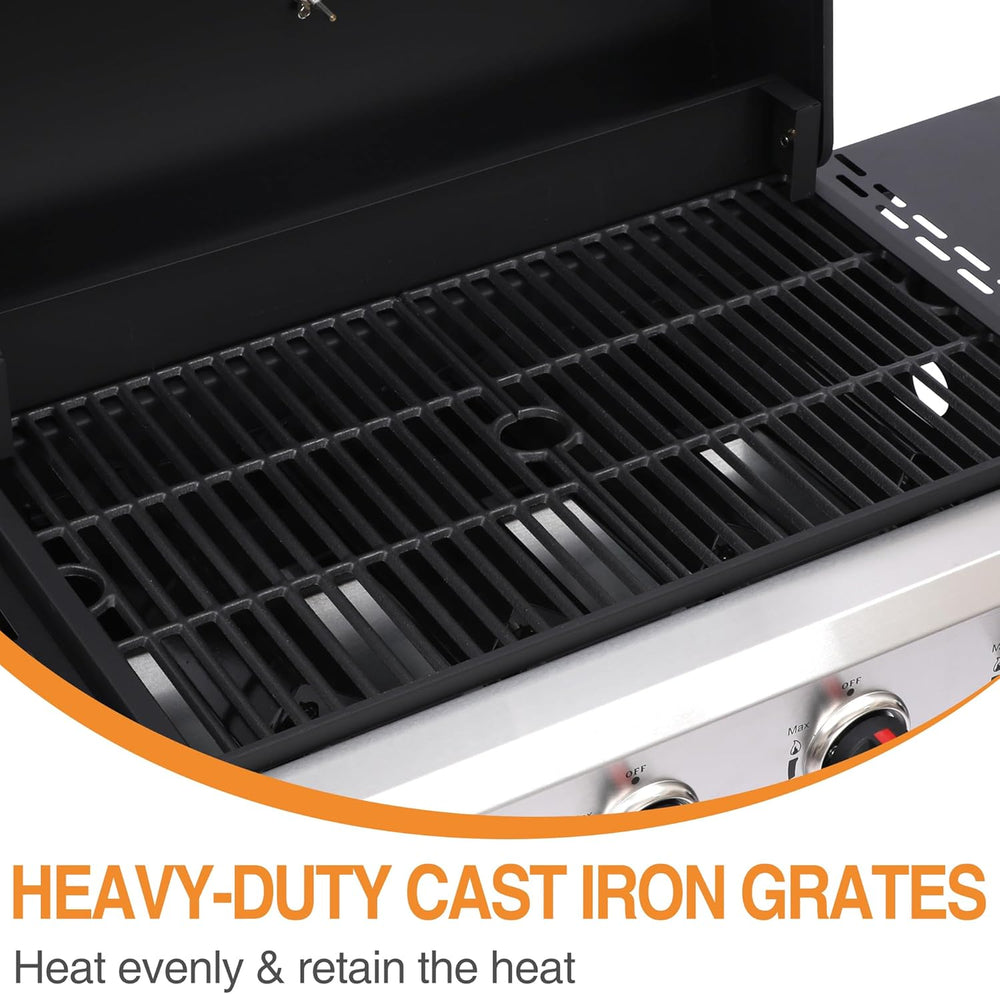 4 Burner Propane Gas Grill, Portable BBQ Grill with Cast Iron Grate & Gri...