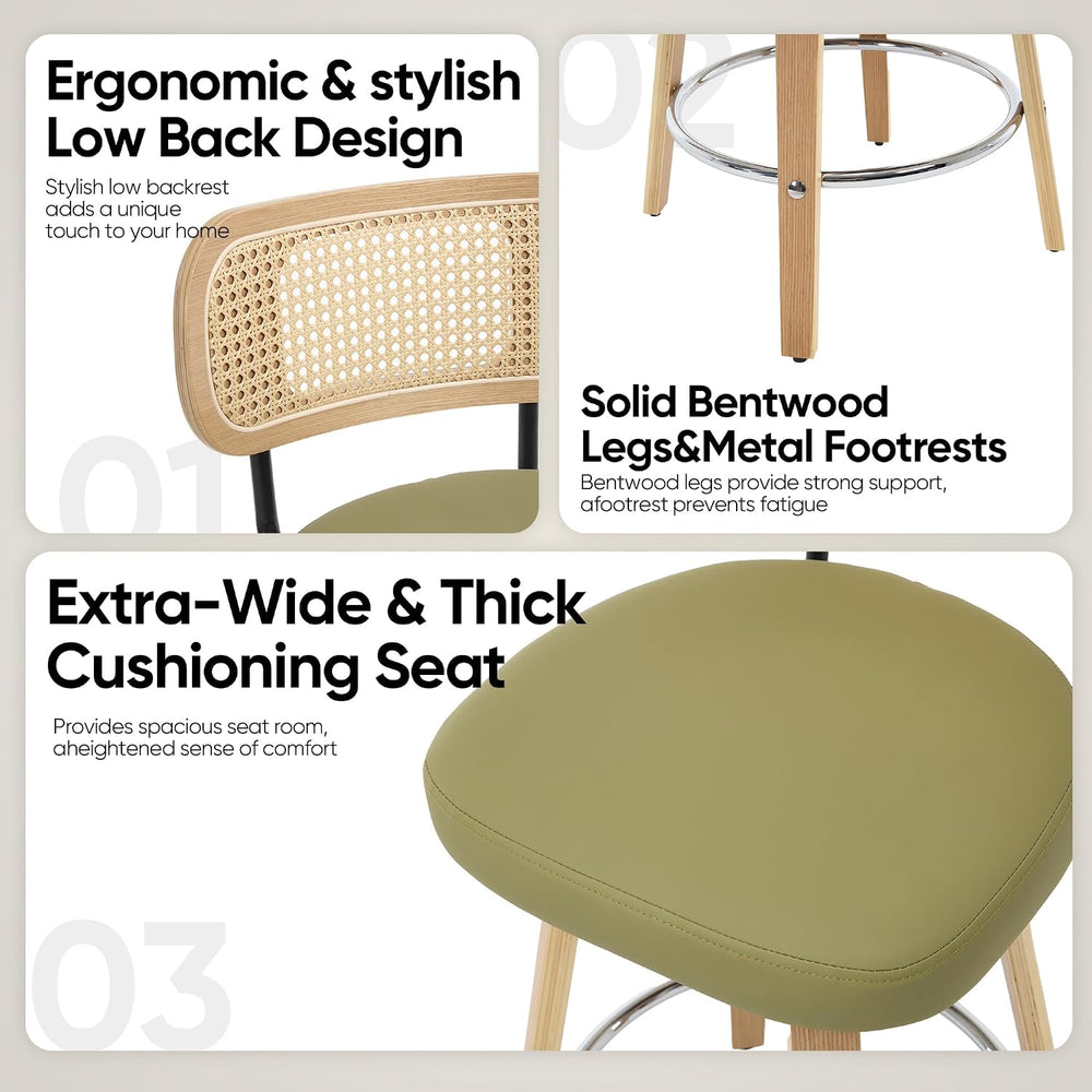 Rattan Bar Stools Set of 2,Upholstered PU Leather, 26‘’ Counter Height Barsto...