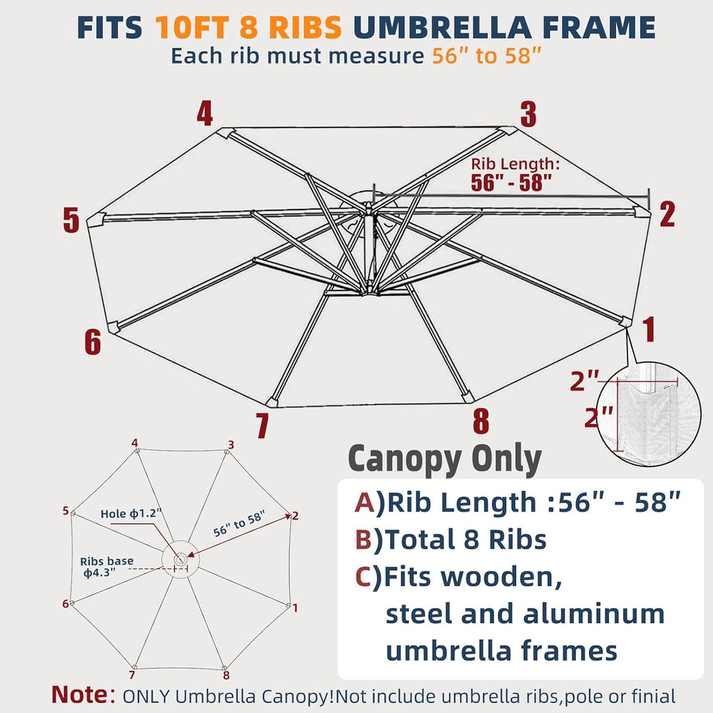 10ft Patio Umbrella Replacement Canopy for 8 ribs, Fits Hanging Offset Cantil...