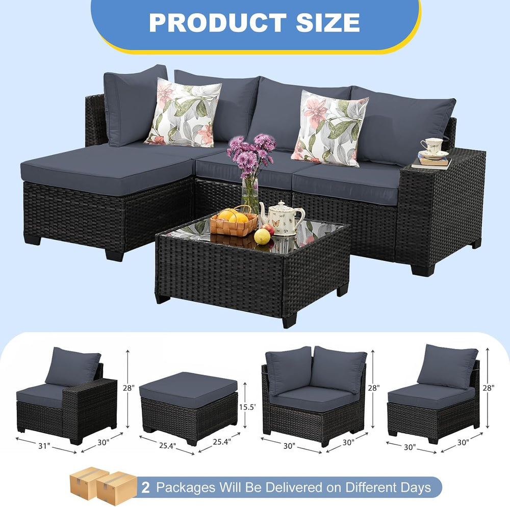 5 Pieces Patio Furniture Set, Wicker Outdoor Conversation Sets with Tea Table...