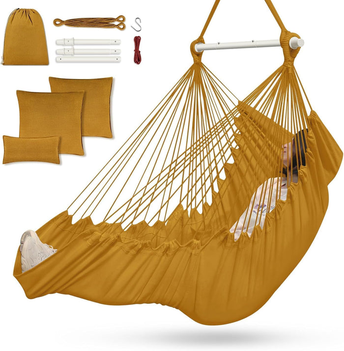 Outerman Hammock Chair, Hanging Chair with 3 Cushions and Foot Rest Support, Durable Metal Spreader Bar Max 500Lbs, Swing Chair for Bedroom, Indoor & Outdoor, Patio, Porch or Tree(Khaki)