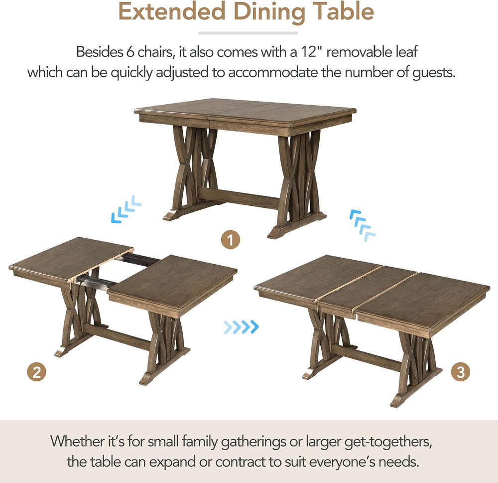 Mid-Century Extendable Dining Table Set for 6, Solid Wood 7-Piece Dining Tabl...