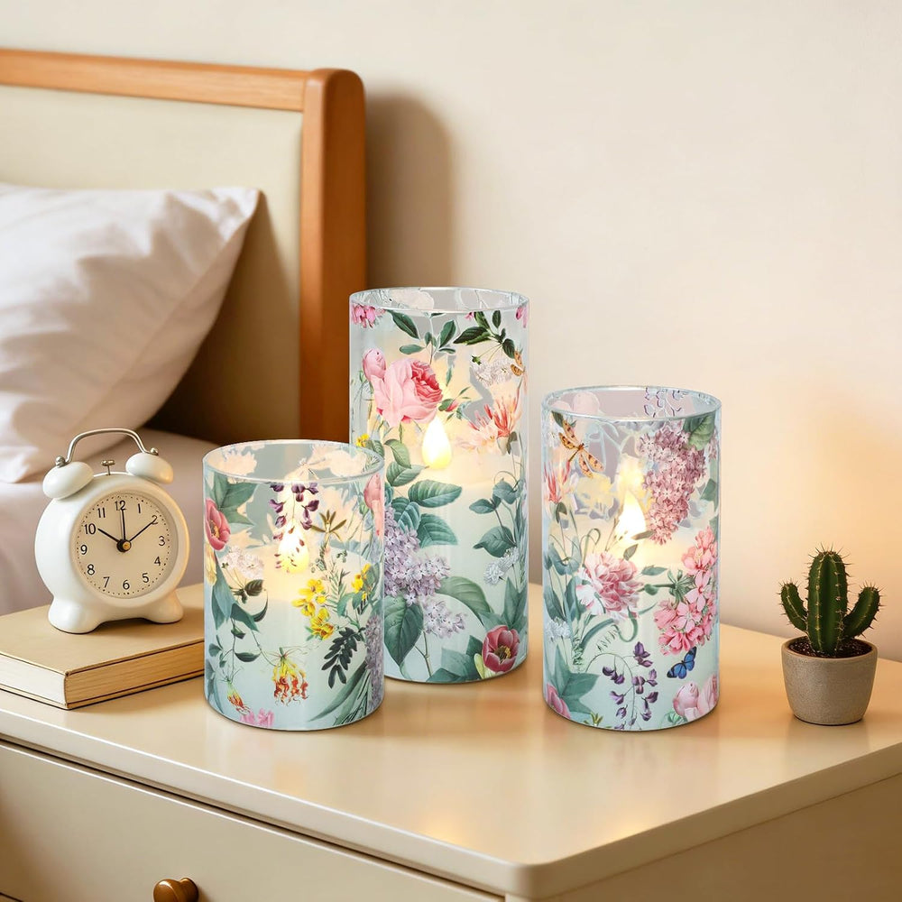 Glass Flameless Candles with Remote Timer Floral Battery Operated LED Flicker...