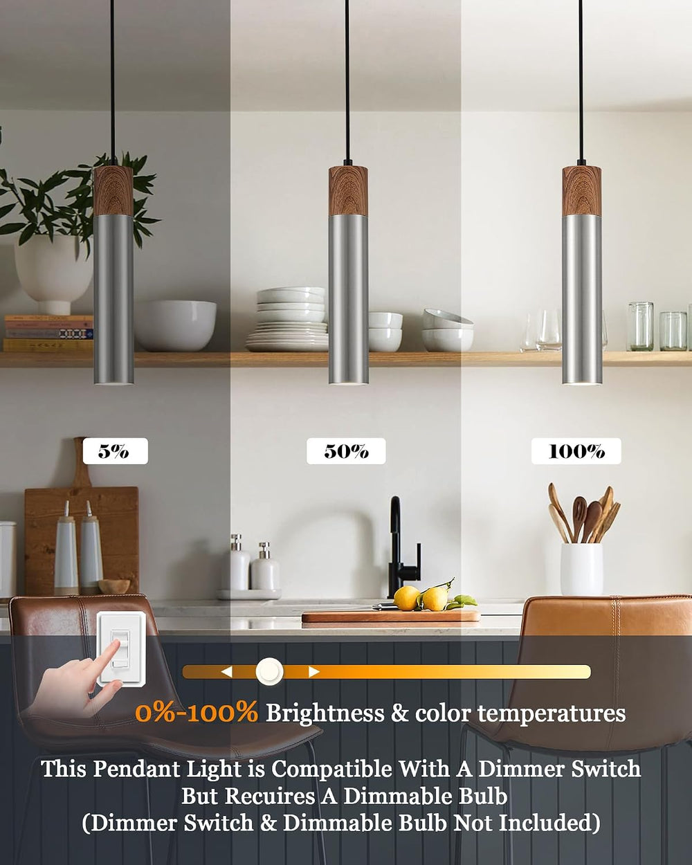 ELYONA Modern Pendant Light for Kitchen Island, Brown Wood Grain & Brushe...