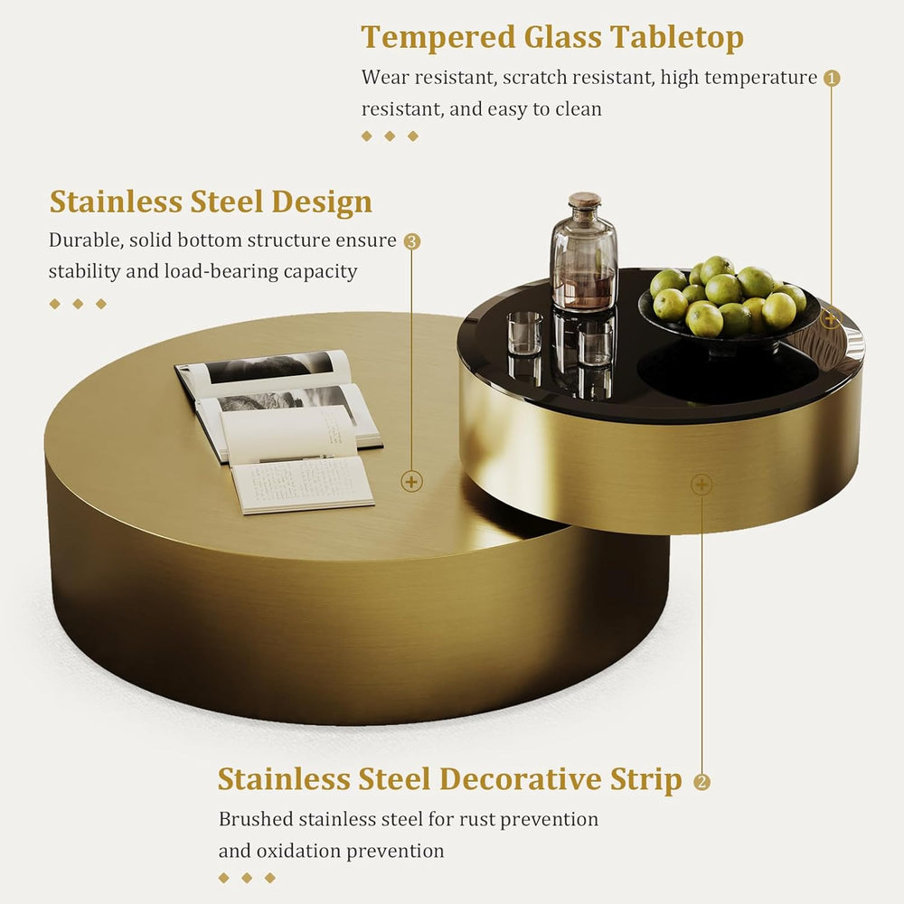 Brass Round Rotatable Top Coffee Table, 2 Tier Circle Coffee Table with 360° ...