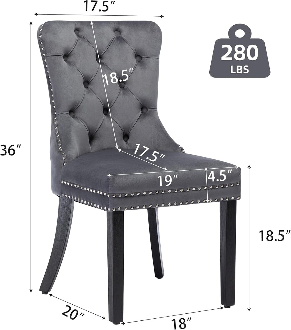 Velvet Dining Room Chairs Set of 2, Button Tufted, Wood Legs, Dark Gray