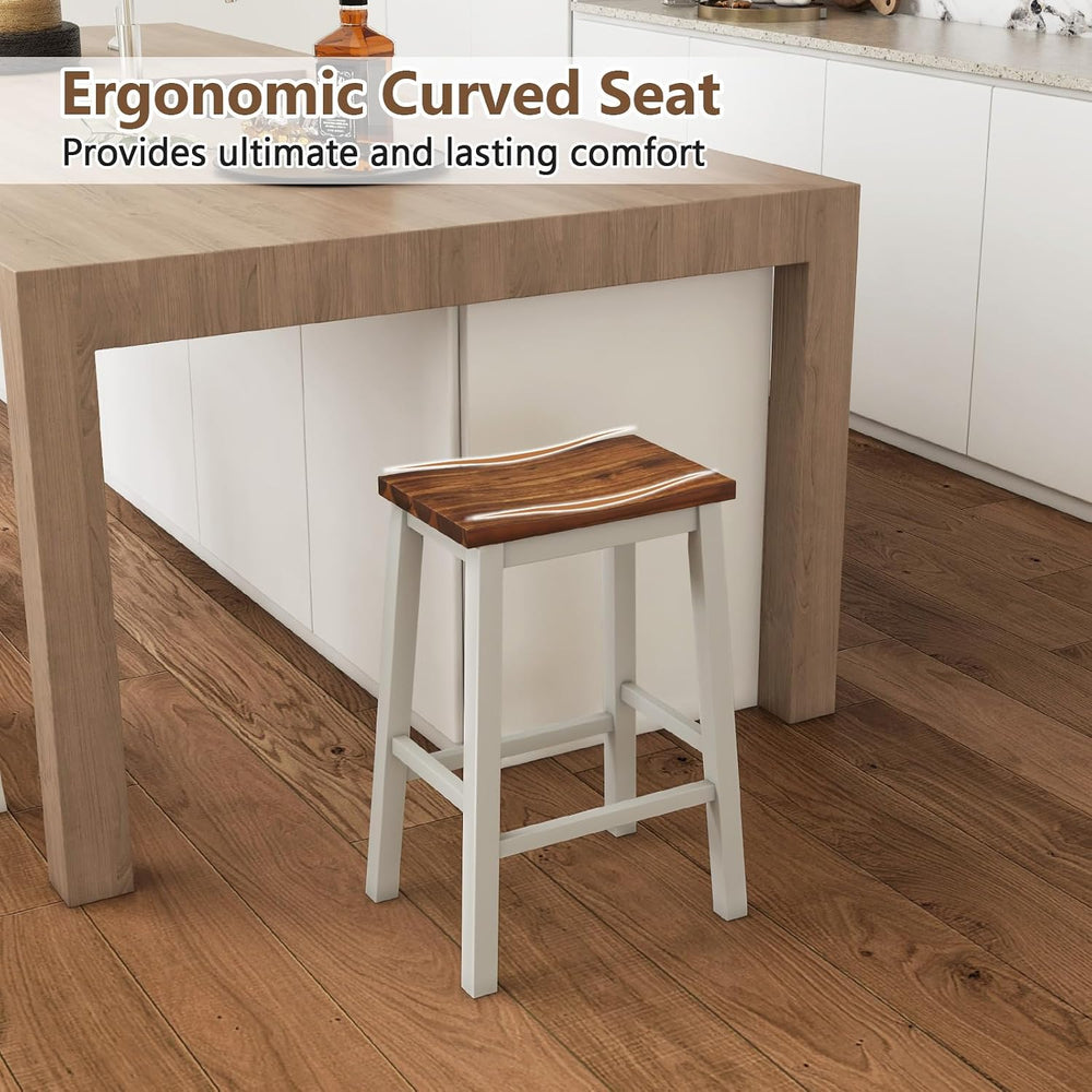 COSTWAY 24.5 Inch Bar Stools Set of 2, Solid Wood Saddle Stools w/Footrests, ...