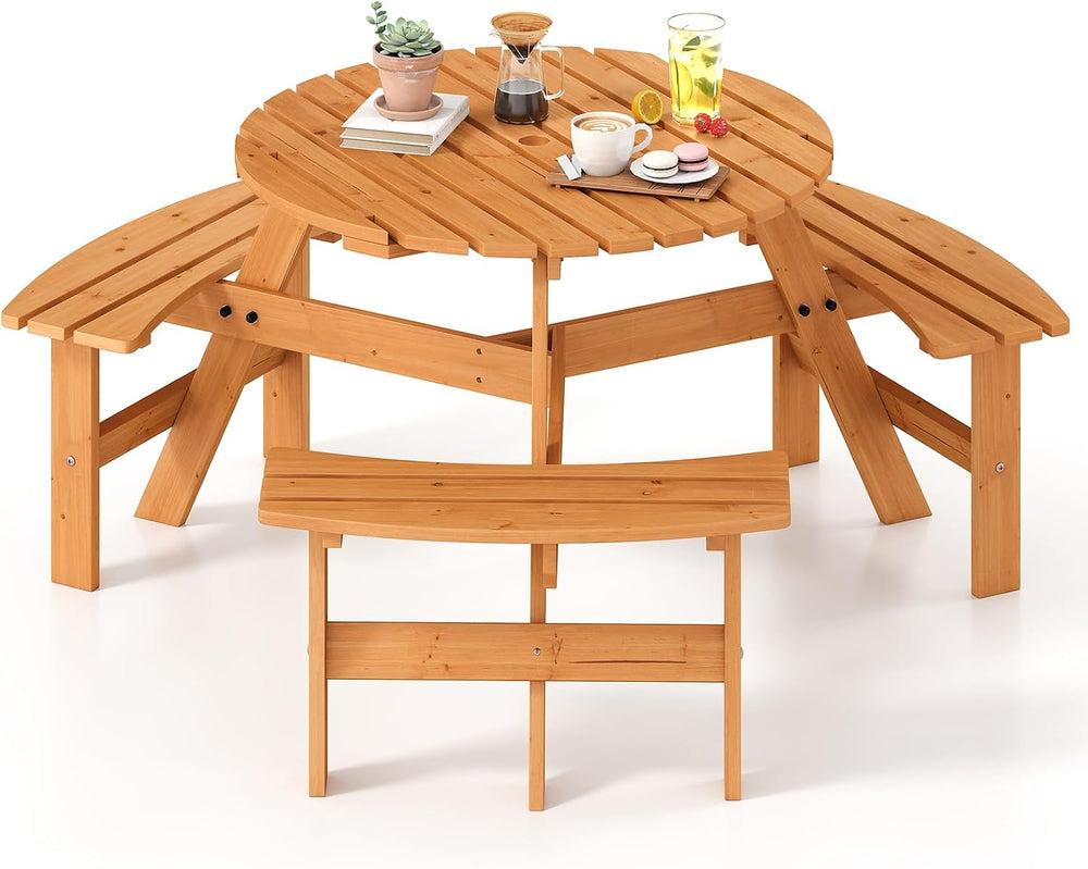 Tangkula 6-Person Wood Picnic Table, Outdoor Round Table and Bench Set with 3...