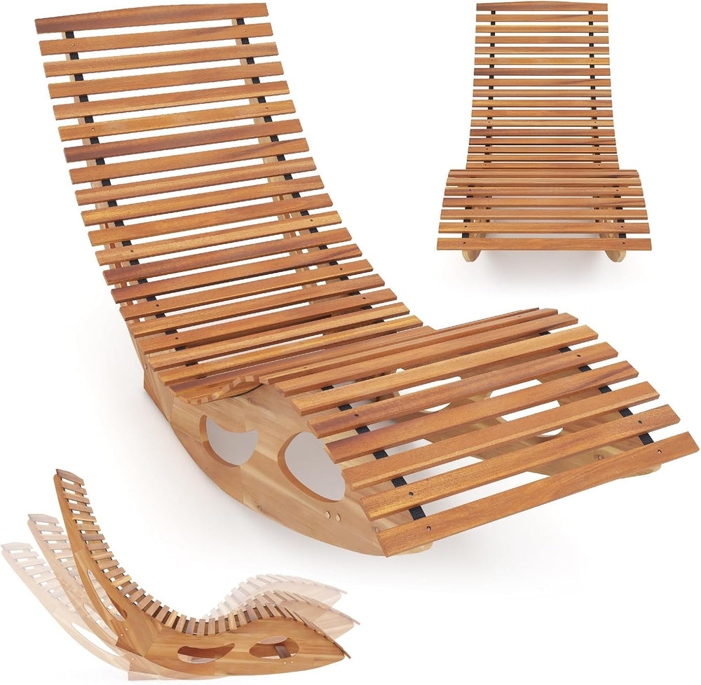 HAPPYGRILL Outdoor Acacia Wood Chaise Lounge, Rocking Chair with High Back, S...