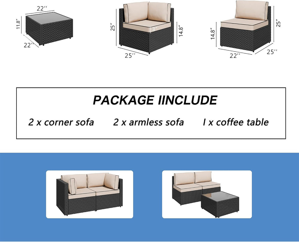 Shintenchi 5 Piece Outdoor Patio Furniture Set with Black PE Rattan, Khaki